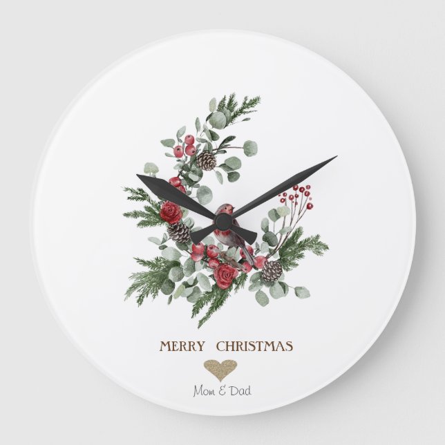 Goldenes Herz, Kraut Roter Kardinal Weihnachten    Große Wanduhr (Vorderseite)