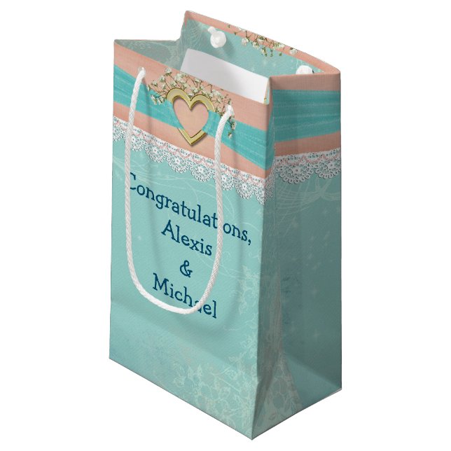 goldenes Herz mit Babyatmen und Spitzen-Ränder Kleine Geschenktüte (Vorderseite Schrägansicht)