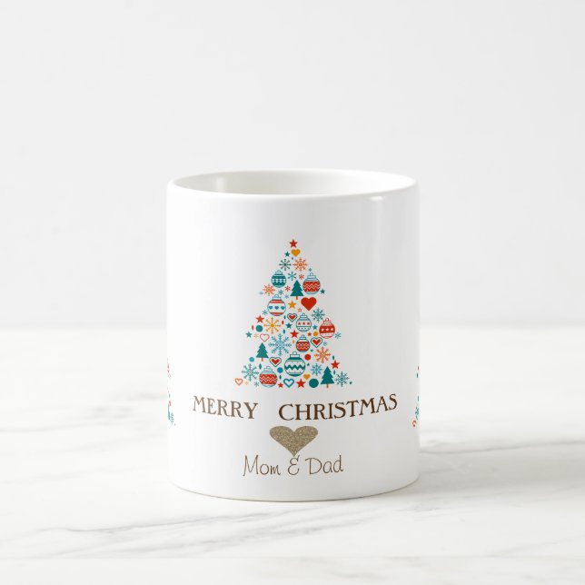 Goldenes Herz, Pine Tree Farbenfrohe Bälle Weihnac Kaffeetasse (Mittel)
