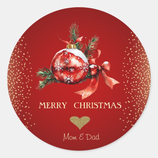 Goldenes Herz, Red Christmas Ball Bow Runder Aufkleber (Vorderseite)