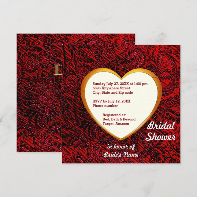 Goldenes Herz & Red Fabric Bridal Dusche Einladung (Vorne/Hinten)
