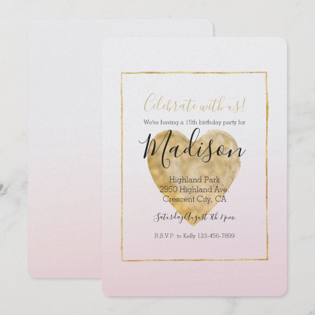 Goldenes Herz Rosa Ombre Geburtstag Einladung (Vorne/Hinten)