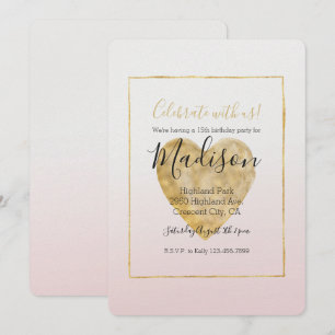 Goldenes Herz Rosa Ombre Geburtstag Einladung