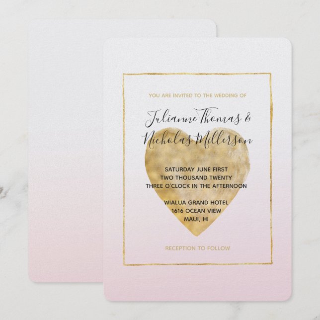 Goldenes Herz Rosa Ombre Hochzeit Einladung (Vorne/Hinten)
