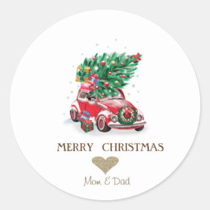 Goldenes Herz, Rote Autos Pinien Weihnachten Runder Aufkleber