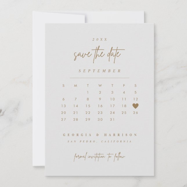 Goldenes Herz Save the Date Kalender Fotokarte (Vorderseite)