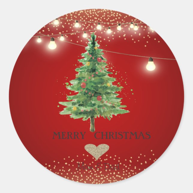 Goldenes Herz, Weihnachtsbaum in Aquarelltönen, St Runder Aufkleber (Vorderseite)