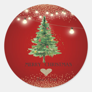 Goldenes Herz, Weihnachtsbaum in Aquarelltönen, St Runder Aufkleber