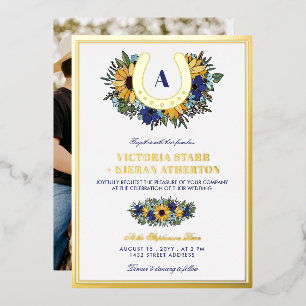 Goldenes Hufeisen Blaue Sonnenblumen Foto Hochzeit Folieneinladung
