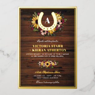 Goldenes Hufeisen-Monogramm Sonnenblumen Holz Hoch Folieneinladung