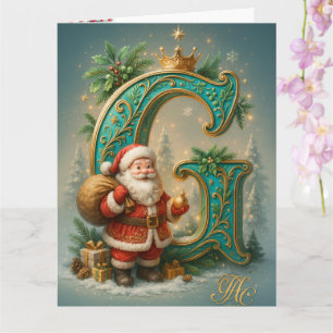  Goldenes Initial  G mit Weihnachtsmann und Krone Karte