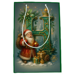  Goldenes Initial H  mit Weihnachtsmann und Krone  Mittlere Geschenktüte