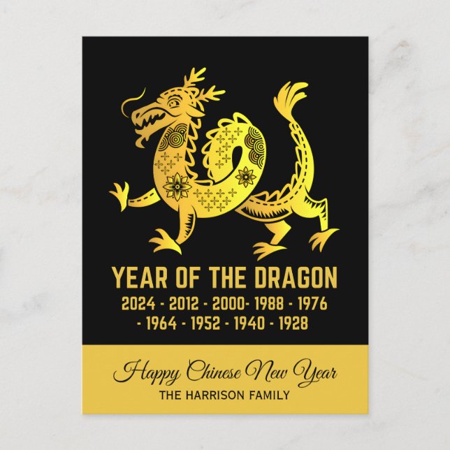 Goldenes Jahr des Drachen Zodiac Name Schwarz Postkarte (Vorderseite)