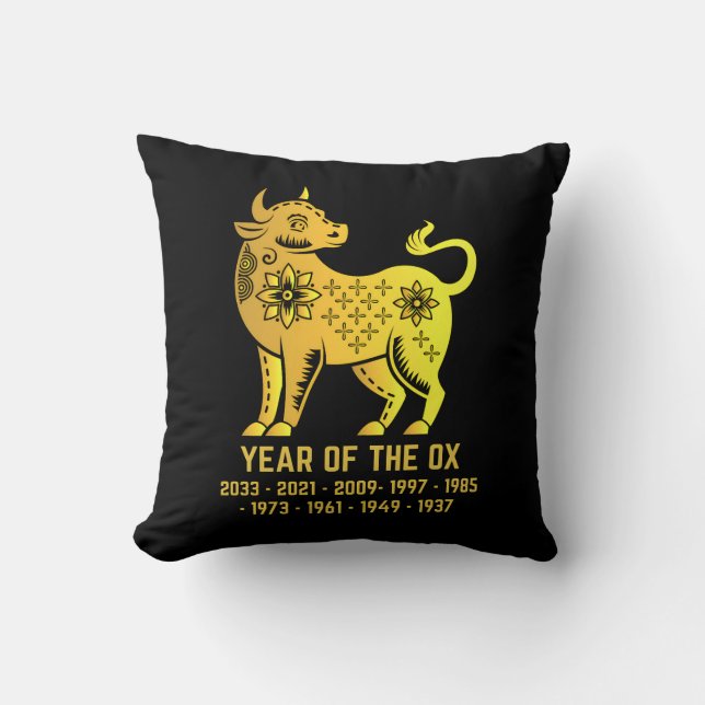 Goldenes Jahr des Ox-Zodiakschwarzes Kissen (Vorderseite)
