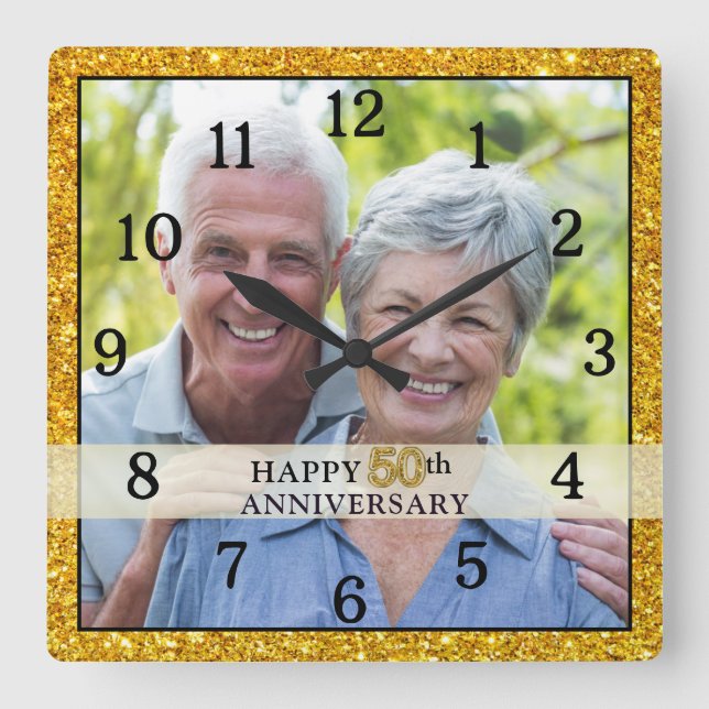 Goldenes Jubiläum Gold Glitzer Frame Foto Quadratische Wanduhr (Vorderseite)