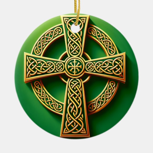 Goldenes Keltisches Kreuz auf Grün Keramik Ornament (Vorne)