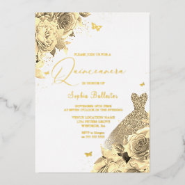 Goldenes Kleid & Blume Quinceanera Gold Folieneinladung