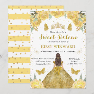 Goldenes Kleid Brünette Prinzessin Sweet 16 Einladung