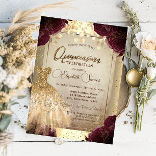 Goldenes Kleid Burgunder Rosen Konfetti Quinceañer Einladung