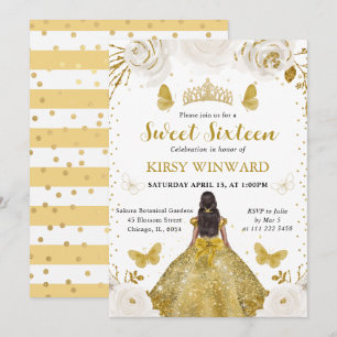 Goldenes Kleid Dunkle Haut Prinzessin Sweet 16 Einladung