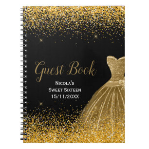 Goldenes Kleid Faux Glitter Sweet 16 Gästebuch Notizblock