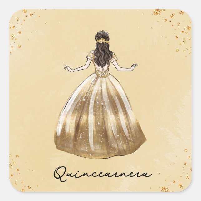 Goldenes Kleid mit Glitzer Quinceanera Geburtstag Quadratischer Aufkleber (Vorderseite)