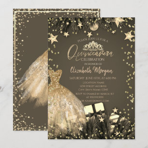 Goldenes Kleid, Zweige, Diamantsterne Quinceañera Einladung
