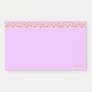 Goldenes Konfetti und Kalligrafie auf Violett Post-it Klebezettel