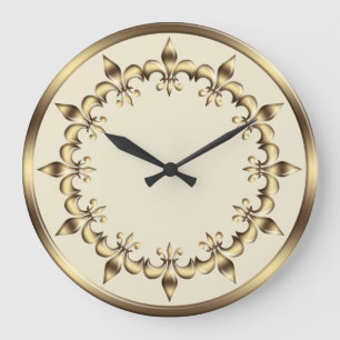 Goldenes königliches Kreiselement. Fleur-De-Lis. Große Wanduhr