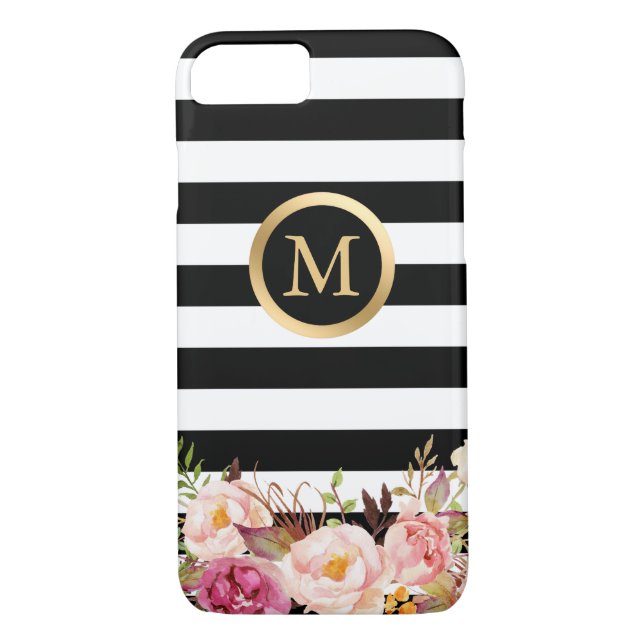 Goldenes Kreis-mit Blumenmonogramm-Schwarz-weißes Case-Mate iPhone Hülle (Rückseite)