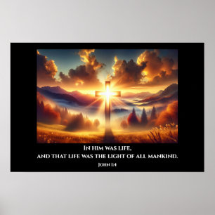 Goldenes Kreuz im Herbst Wiese bei Morgendämmerung Poster