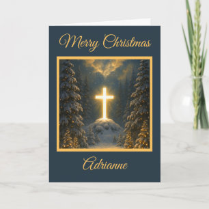 Goldenes Kreuz in einem Winterwunderland Feiertagskarte