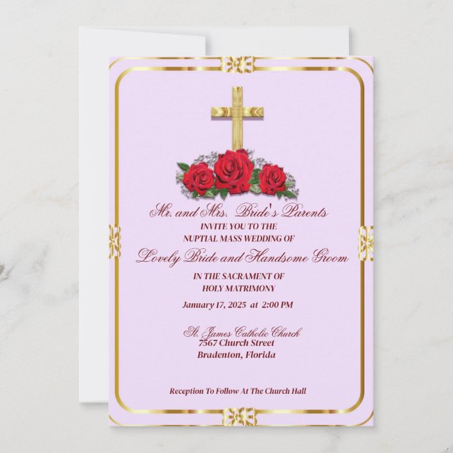 Goldenes Kreuz mit katholischen Rote Rosen Einladung (Vorderseite)
