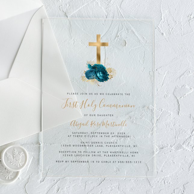 Goldenes Kreuz Turquoise Floral Erste Kommune Acryleinladungen (Von Creator hochgeladen)