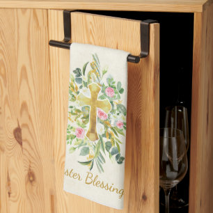 Goldenes Kreuz und rosa Rosen, individuelle Ostern Geschirrtuch