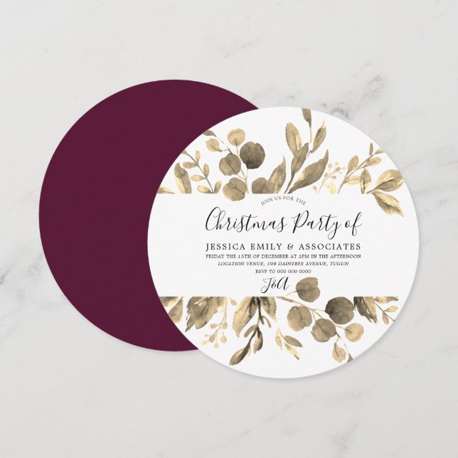 Goldenes Leaf & Burgund Weihnachts-Party Einladung (Vorne/Hinten)