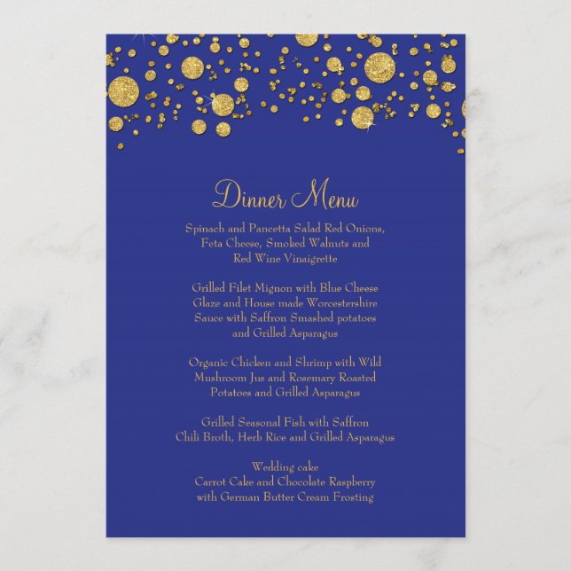 Goldenes Leaf Glitzer Confetti Dot Menükarte (Vorderseite)
