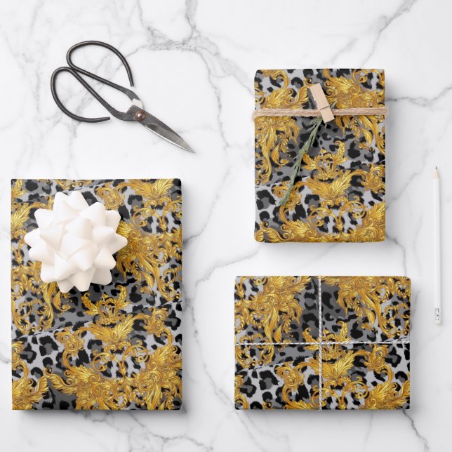 Goldenes Leopard-Wrapping Paper Geschenkpapier Set (Vorderseite)
