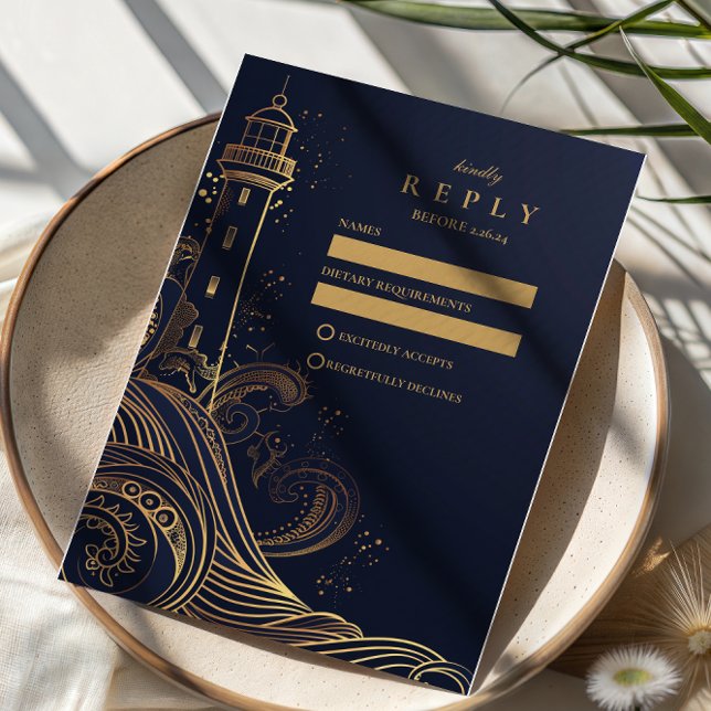 Goldenes Leuchtturm-Nacht-Hochzeit RSVP Karte (Von Creator hochgeladen)
