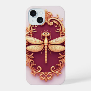 Goldenes Libellen-Emblem in ornamentaler Barockumr iPhone 15 Hülle