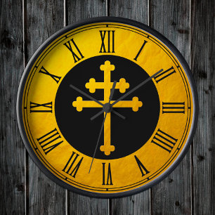 Goldenes Lothringerkreuz auf Schwarz / Christlich Runde Wanduhr