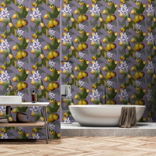 Goldenes Mango-Muster mit weißen Blüten auf Taupe Tapete