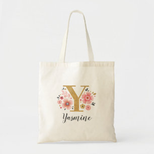 Goldenes Monogramm Anfangsbuchstabe "Y" floral Tragetasche