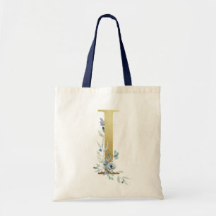 Goldenes Monogramm Buchstabe i Blaue Aquarellblume Tragetasche