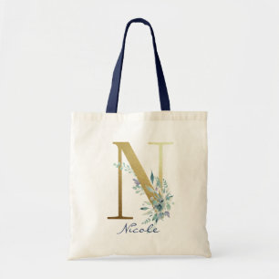 Goldenes Monogramm Buchstabe N Blau Name Floral De Tragetasche