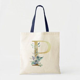 Goldenes Monogramm Buchstabe P Blaue Wasserfarben Tragetasche