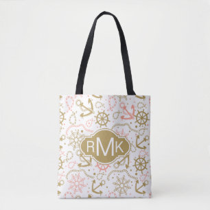 Goldenes Monogramm des Anker-Muster- Tasche