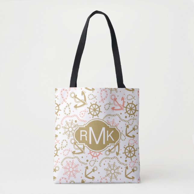 Goldenes Monogramm des Anker-Muster-| Tasche (Vorderseite)