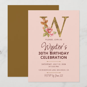 Goldenes Monogramm Letter W mit rosafarbenen Rosen Einladung