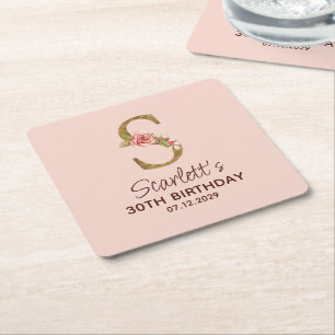 Goldenes Monogramm 'S' mit rosa Rosen Rechteckiger Pappuntersetzer